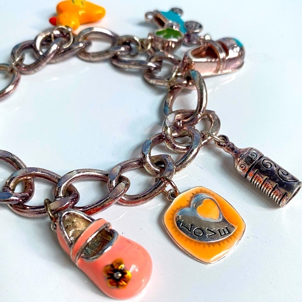 Vintage Brighton Baby Charm Bracelet LOVE Heart Carriage Shoe Bottle Silver 7" - Picture 6 of 8